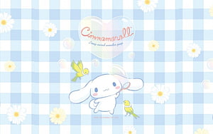 Cinnamoroll with Yellow Birds and Daisies on a Blue Gingham Background HD wallpaper
