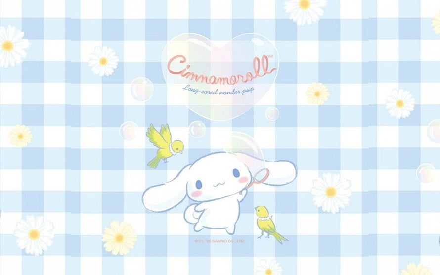 Cinnamoroll with Yellow Birds and Daisies on a Blue Gingham Background HD wallpaper