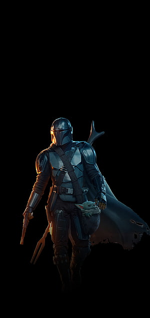 The Mandalorian and Grogu in Beskar Armor with Cape and Blaster on Black Background HD phone wallpaper