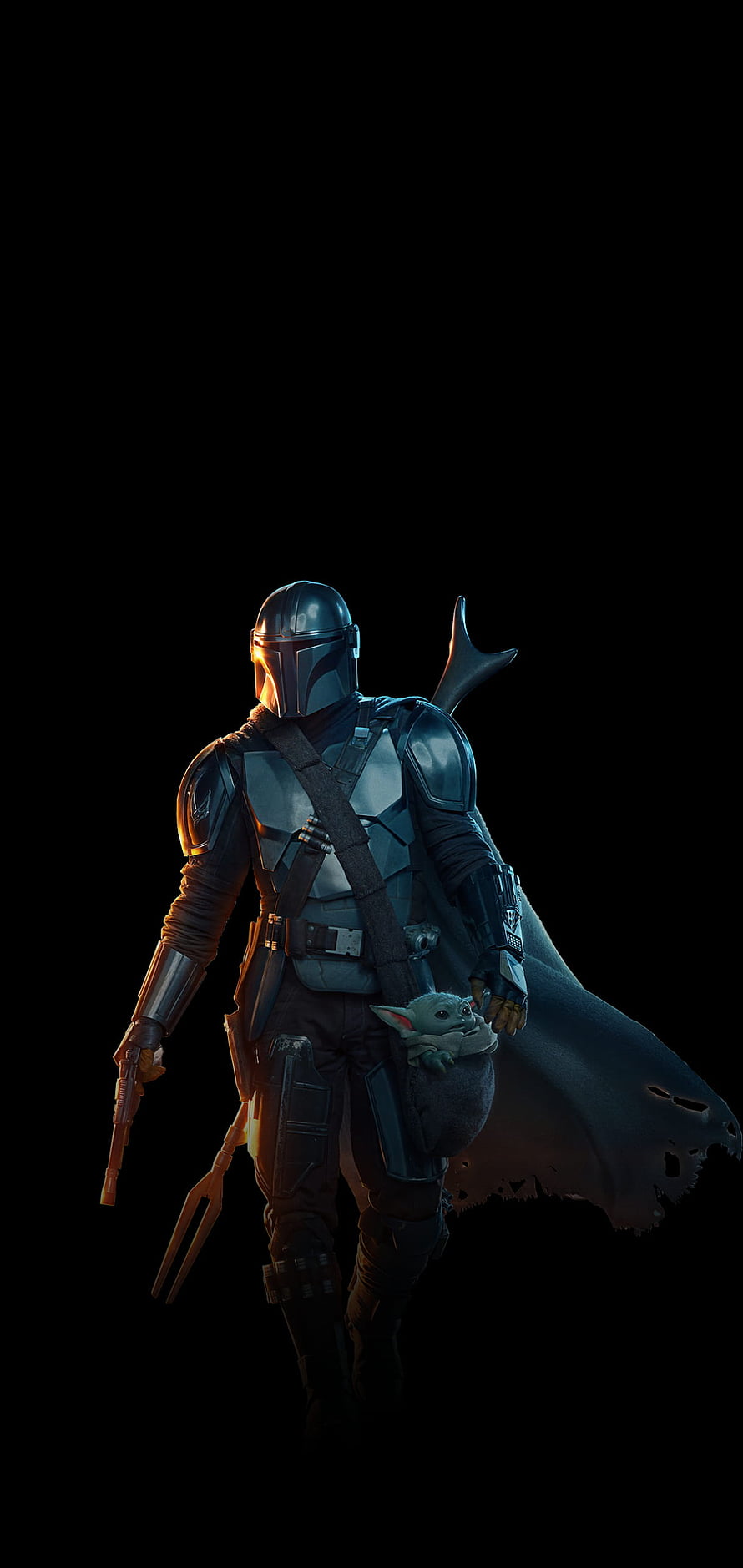 The Mandalorian and Grogu in Beskar Armor with Cape and Blaster on Black Background HD phone wallpaper