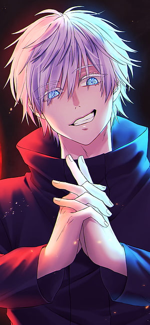 Satoru Gojo from Jujutsu Kaisen with glowing blue eyes and white hair in a dark high-contrast anime portrait HD phone wallpaper