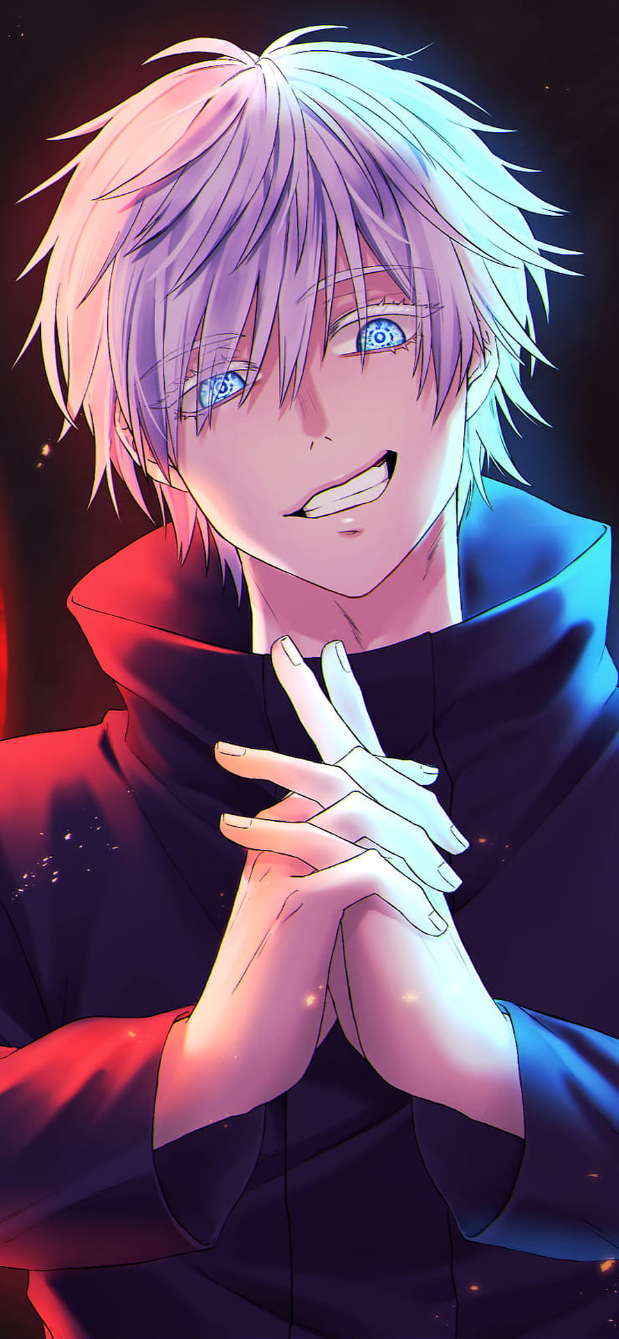 Satoru Gojo from Jujutsu Kaisen with glowing blue eyes and white hair in a dark high-contrast anime portrait HD phone wallpaper