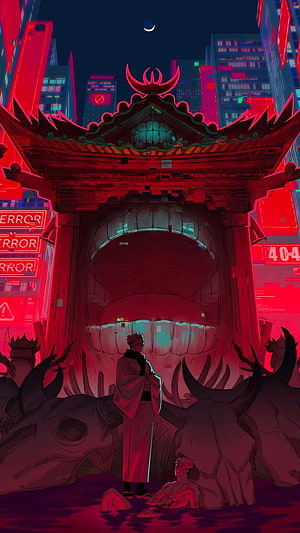 Sukuna Malevolent Shrine Domain Expansion in Cyberpunk Neon Cityscape HD phone wallpaper