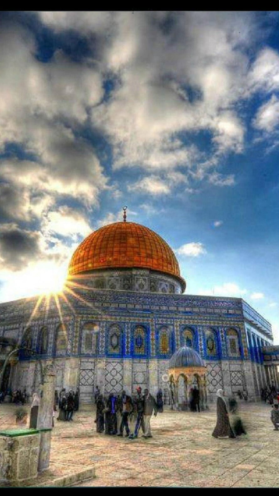 Dome of the Rock in Jerusalem with dramatic clouds and sun flare HD phone wallpaper