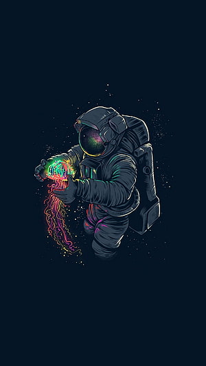 Astronaut Holding Glowing Cosmic Jellyfish in Deep Space Digital Illustration HD phone wallpaper