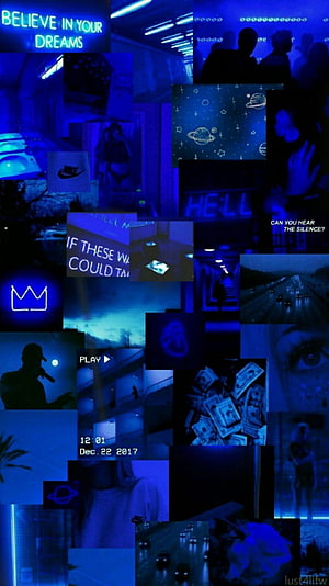 Midnight Blue Aesthetic Collage with Neon Text and Urban Night Scenes HD phone wallpaper