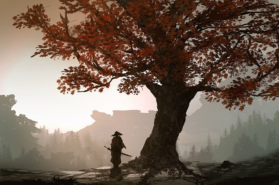 Lone Samurai Standing Beneath a Majestic Autumn Tree in Misty Landscape HD wallpaper