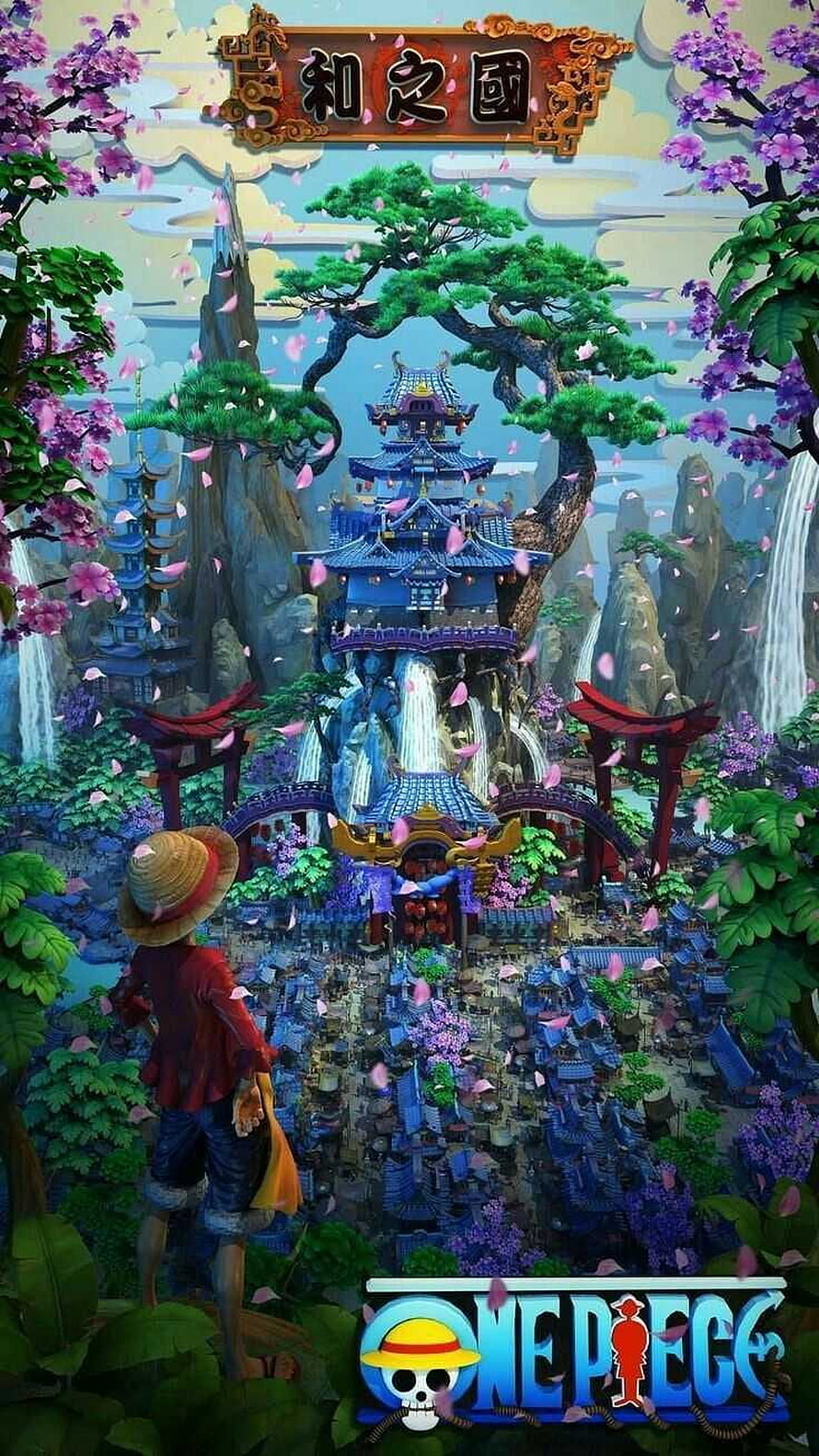 One Piece Wano Country Fantasy Landscape with Straw Hat Luffy and Traditional Japanese Architecture HD phone wallpaper