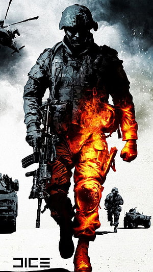 Flaming Soldier with Rifle in Dramatic Military Combat Artwork HD phone wallpaper