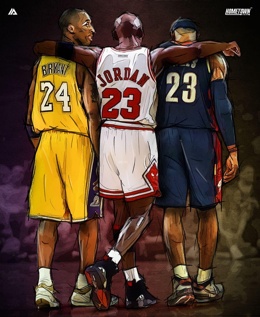 Kobe Bryant, Michael Jordan, and LeBron James Standing Together in Iconic NBA Jerseys HD phone wallpaper