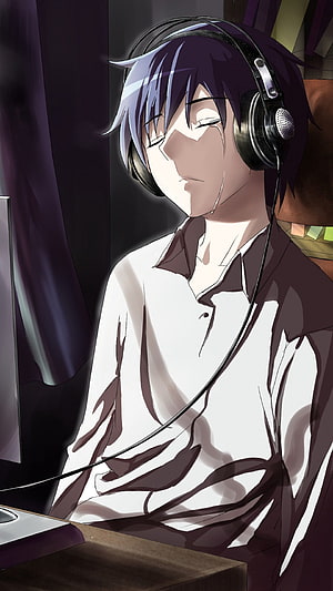 Anime Boy With Headphones And Closed Eyes In Dramatic Lighting HD phone wallpaper