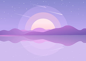 Serene Purple Mountain Landscape with Moon and Starry Night Sky HD wallpaper