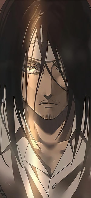 Eren Yeager Anime Portrait with Long Dark Hair and Intense Gaze HD phone wallpaper