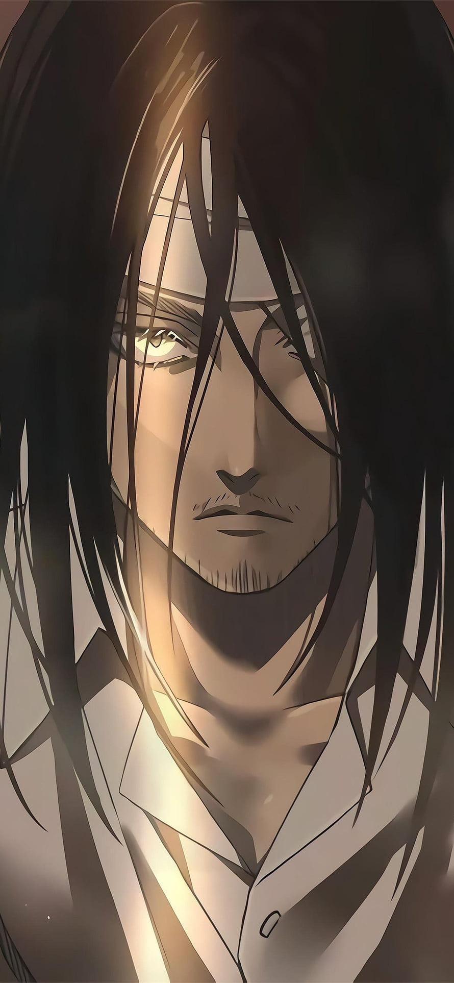 Eren Yeager Anime Portrait with Long Dark Hair and Intense Gaze HD phone wallpaper