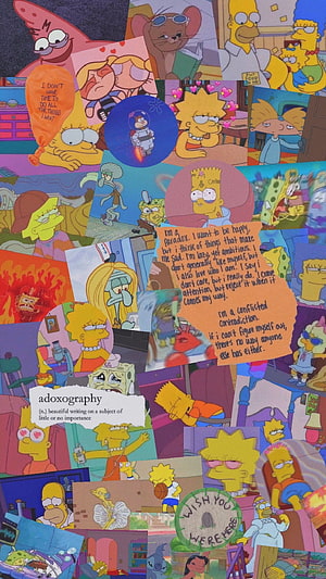 Sad Aesthetic Collage Featuring Bart Simpson, SpongeBob, and Squidward in Melancholic Scenes HD phone wallpaper