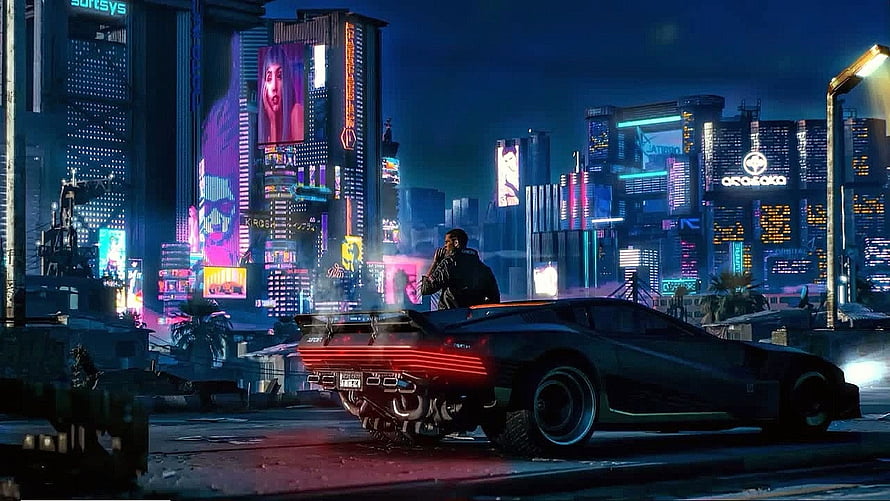Cyberpunk 2077 Night City Street Scene with Futuristic Sports Car and Neon Skyline HD wallpaper