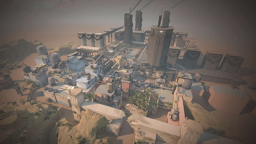 Valorant Ascent Map Aerial View of Desert City with Industrial Towers and Residential Districts HD wallpaper