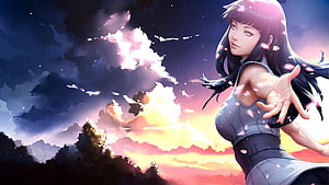 Hinata Hyuga Anime Illustration with Cherry Blossoms and Dramatic Sunset Sky HD wallpaper