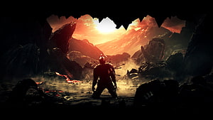 Dark Souls II Warrior Silhouette in Volcanic Cave at Sunset HD wallpaper