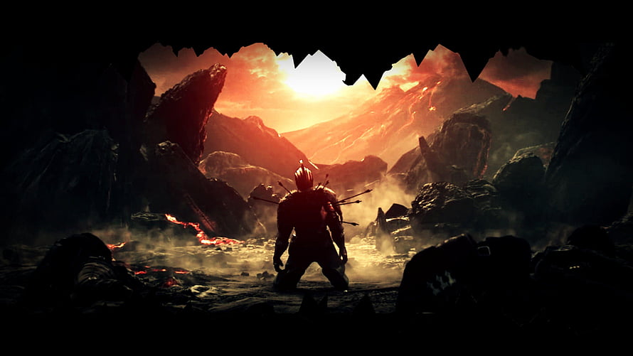 Dark Souls II Warrior Silhouette in Volcanic Cave at Sunset HD wallpaper