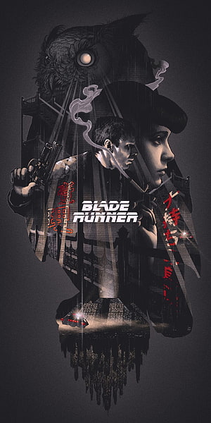 Blade Runner Noir Poster Art with Replicant Profiles and Cyberpunk Cityscape HD phone wallpaper