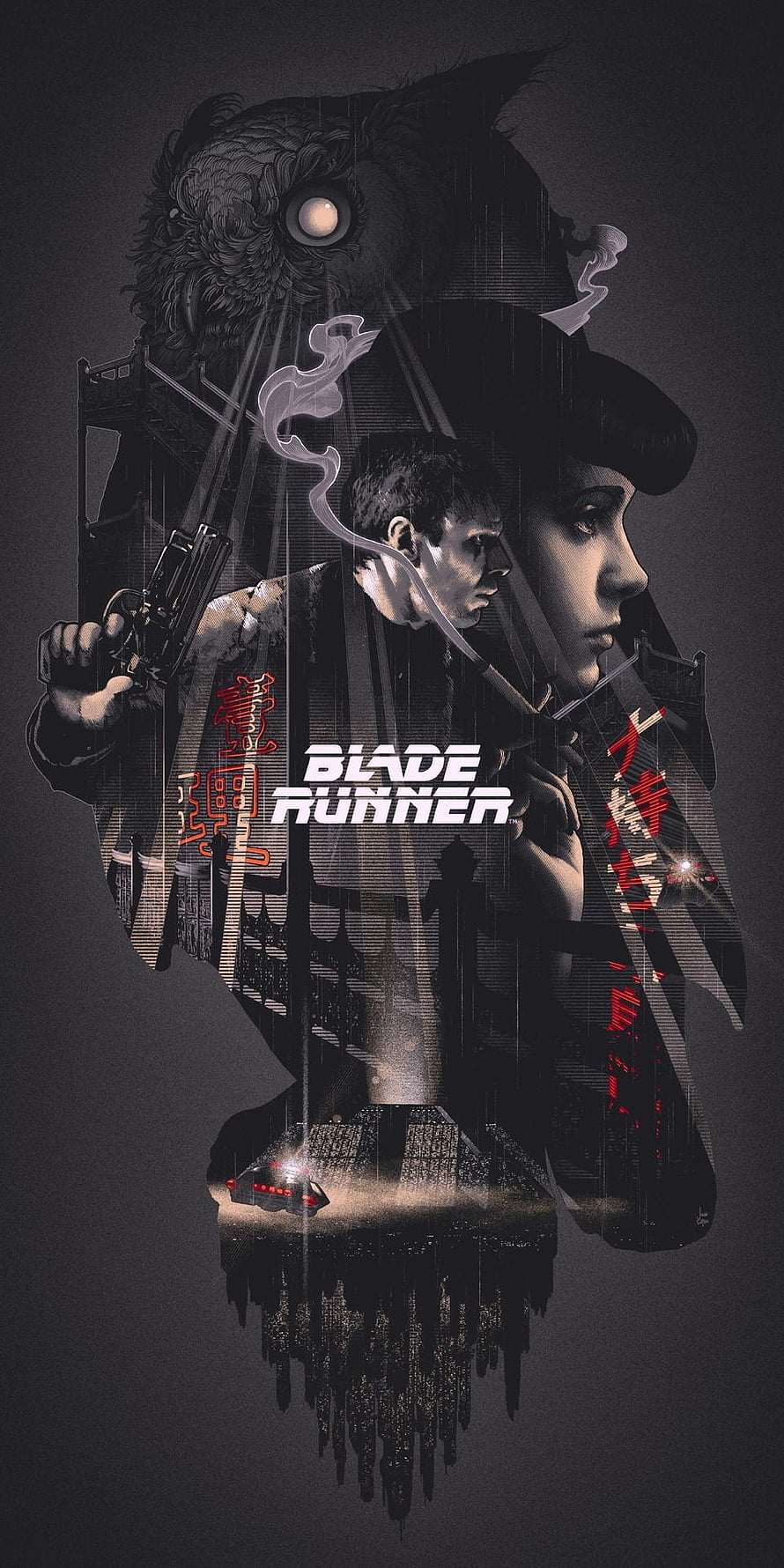 Blade Runner Noir Poster Art with Replicant Profiles and Cyberpunk Cityscape HD phone wallpaper