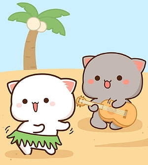 Cute Mochi Mochi Peach Cat Duo Playing Ukulele on a Tropical Beach HD phone wallpaper