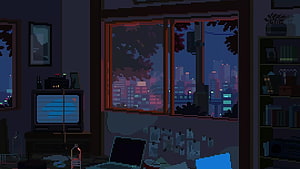 Cozy Pixel Art Bedroom Interior with City View at Night HD wallpaper