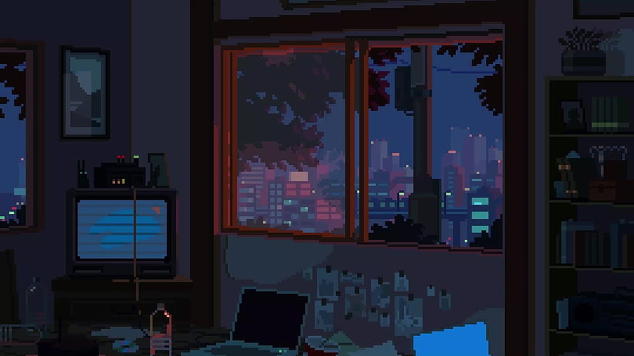 Cozy Pixel Art Bedroom Interior with City View at Night HD wallpaper