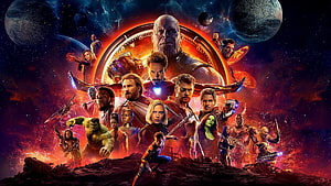 Avengers Infinity War Ensemble Cast Poster with Thanos and Infinity Gauntlet HD wallpaper
