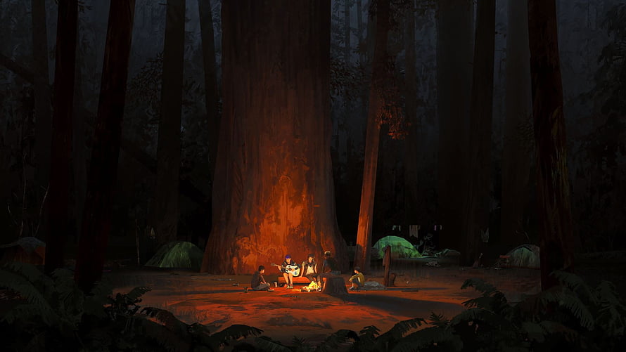Life is Strange 2 Campfire Scene in a Dark Forest with Tents and Characters HD wallpaper