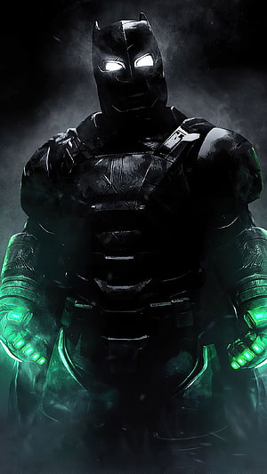 Batman in Dark Tactical Armor with Glowing Green Gauntlets and White Eyes HD phone wallpaper