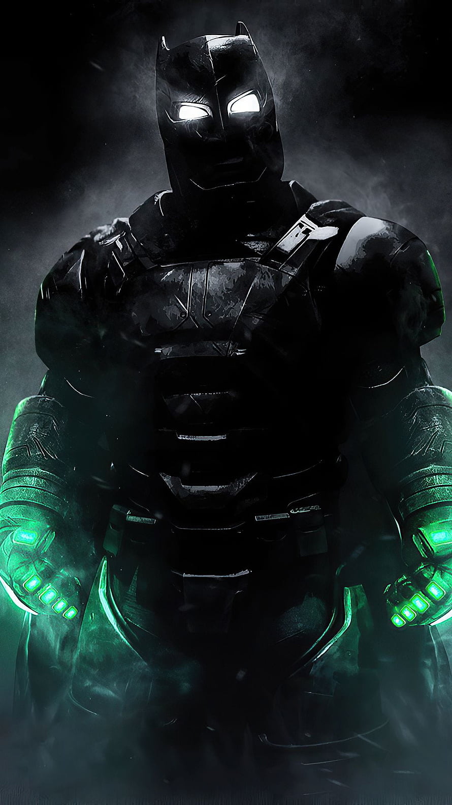 Batman in Dark Tactical Armor with Glowing Green Gauntlets and White Eyes HD phone wallpaper