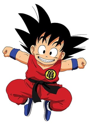 Kid Son Goku Jumping in Red Gi with Turtle Emblem HD phone wallpaper