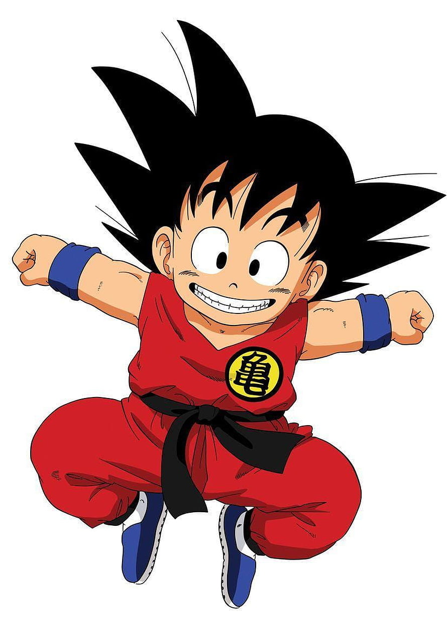 Kid Son Goku Jumping in Red Gi with Turtle Emblem HD phone wallpaper