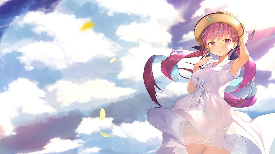 Minato Aqua in a White Dress and Straw Hat Against a Cloudy Sky HD wallpaper
