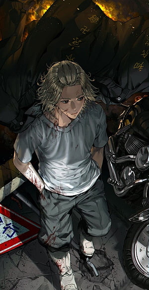 Mikey from Tokyo Revengers anime illustration with motorcycle and dramatic dark background HD phone wallpaper