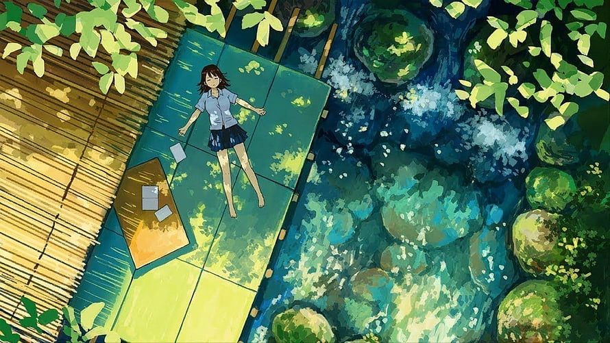 Anime Girl Lying on Bamboo Platform Overstream in Lush Green Forest HD wallpaper