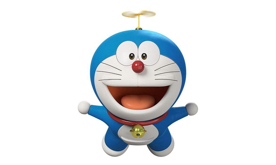 Doraemon Flying with Propeller and Bell on White Background HD wallpaper