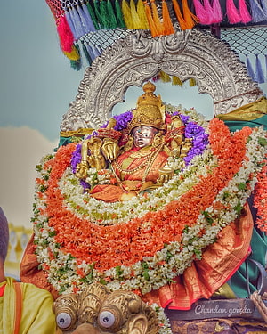 Chamundeshwari deity adorned with vibrant floral garlands and ornate silver archway HD phone wallpaper