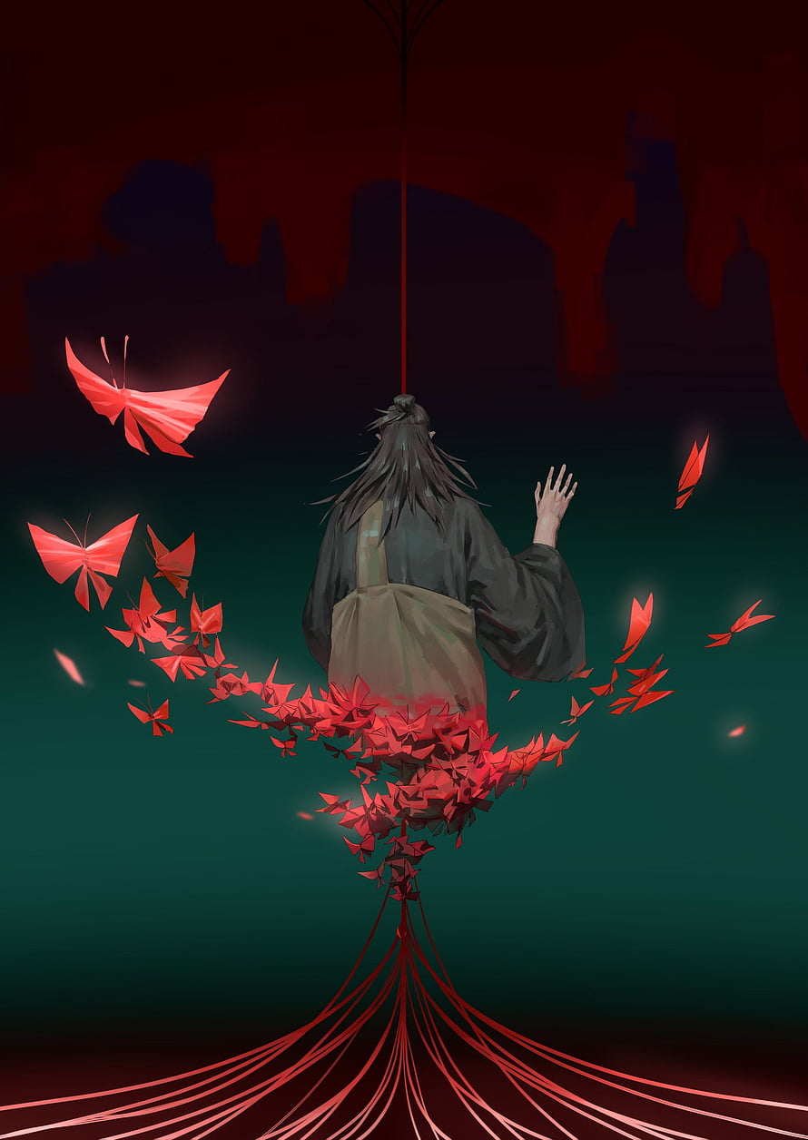 Suguru Geto Floating in Dark Void Surrounded by Glowing Red Origami Butterflies HD phone wallpaper