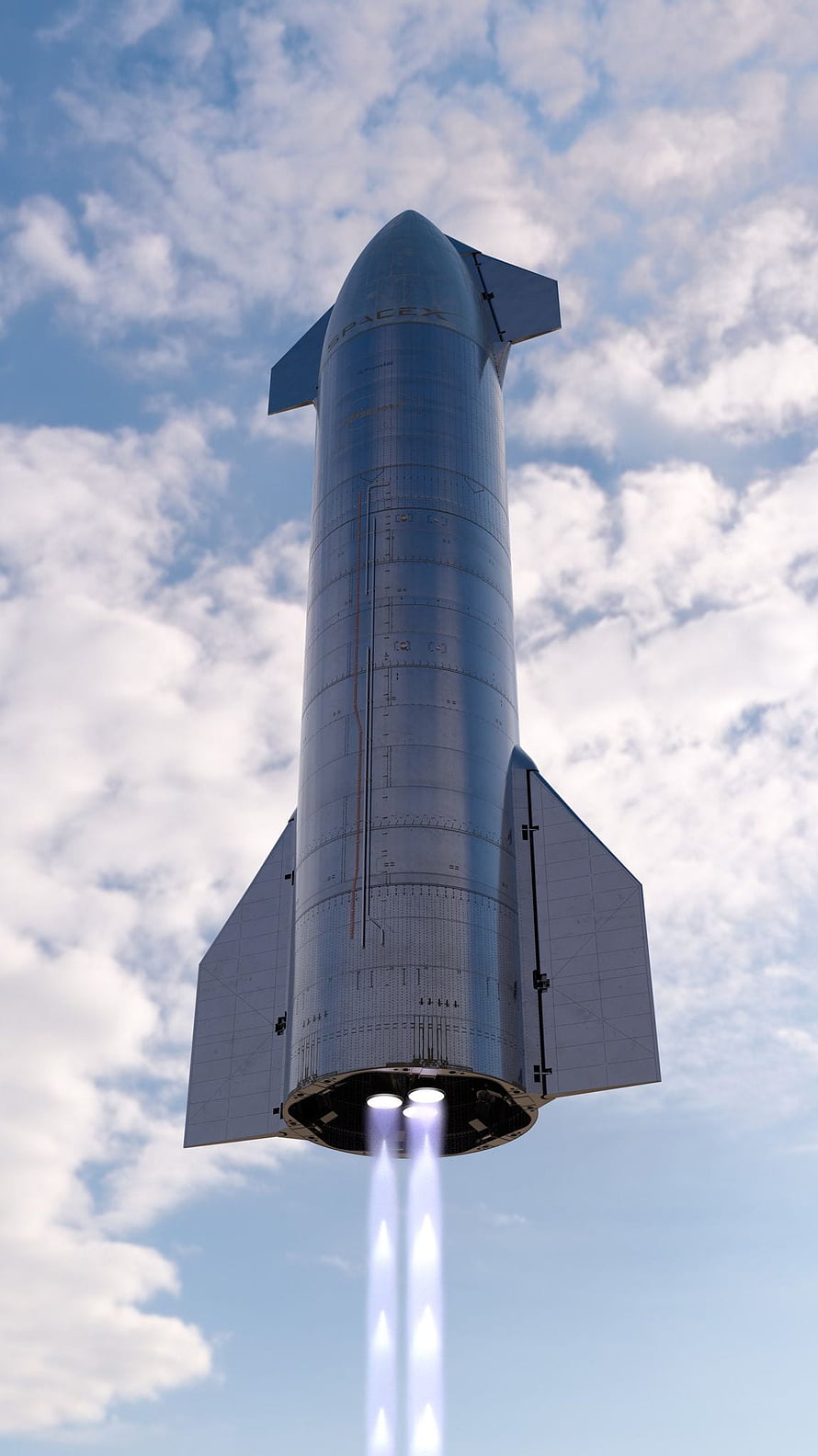 SpaceX Starship rocket ascending through a bright blue sky with engine plumes HD phone wallpaper