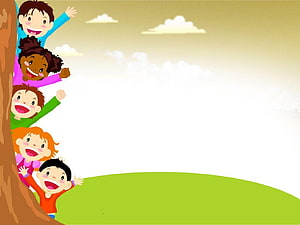 Cheerful Diverse Children Peeking From Behind A Tree In A Sunny Meadow HD wallpaper
