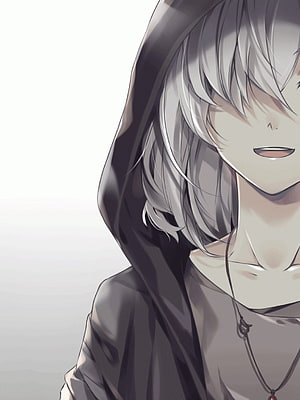 Silver-Haired Anime Boy in Dark Hoodie with Mysterious Smile and Pendant Necklace HD phone wallpaper
