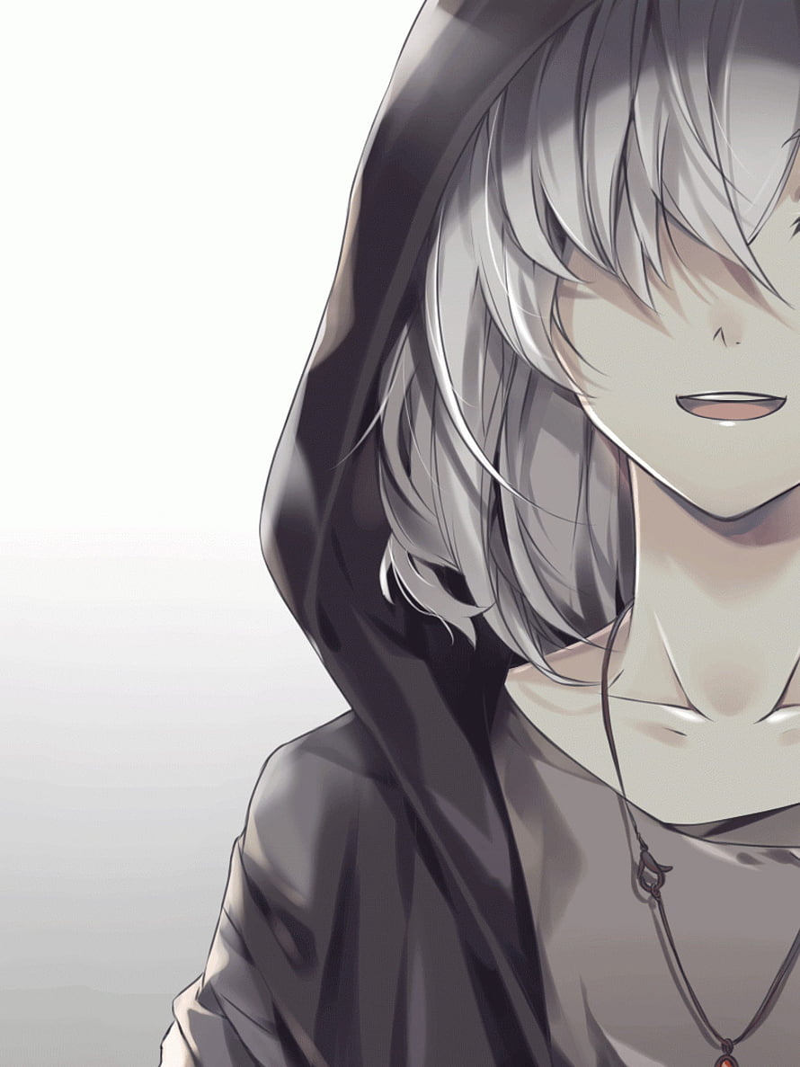 Silver-Haired Anime Boy in Dark Hoodie with Mysterious Smile and Pendant Necklace HD phone wallpaper