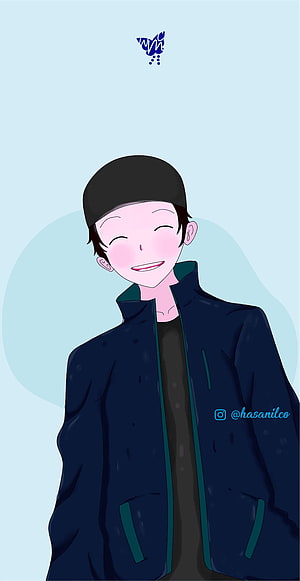 Cute Anime Boy Wearing a Black Cap and Navy Jacket with a Warm Smile HD phone wallpaper