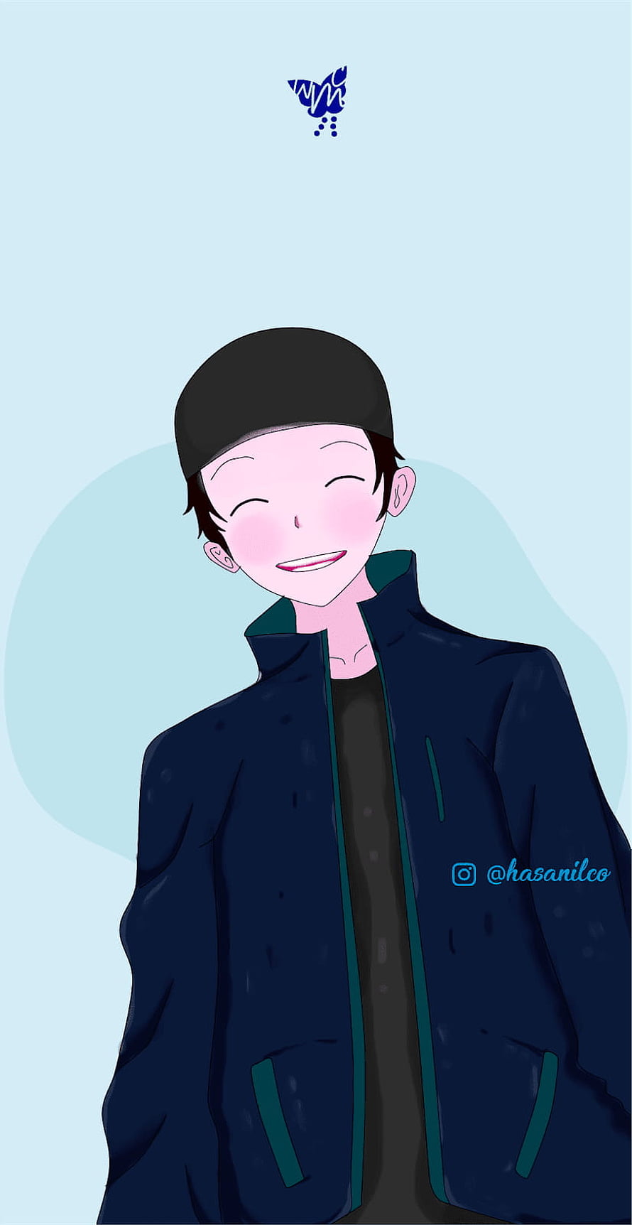 Cute Anime Boy Wearing a Black Cap and Navy Jacket with a Warm Smile HD phone wallpaper