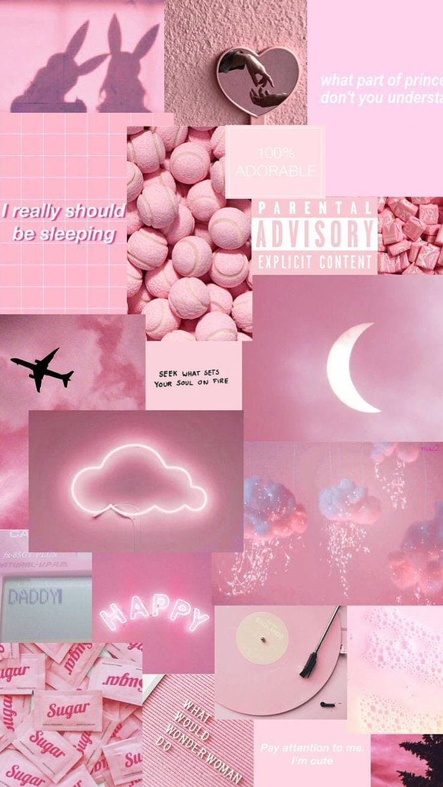 Pink Aesthetic Collage with Neon Cloud, Moon, and Soft Pastel Elements HD phone wallpaper