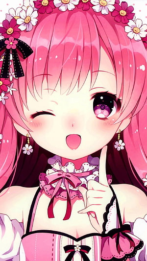 Kawaii Pink Anime Girl Winking with Flower Crown and Frilly Dress HD phone wallpaper