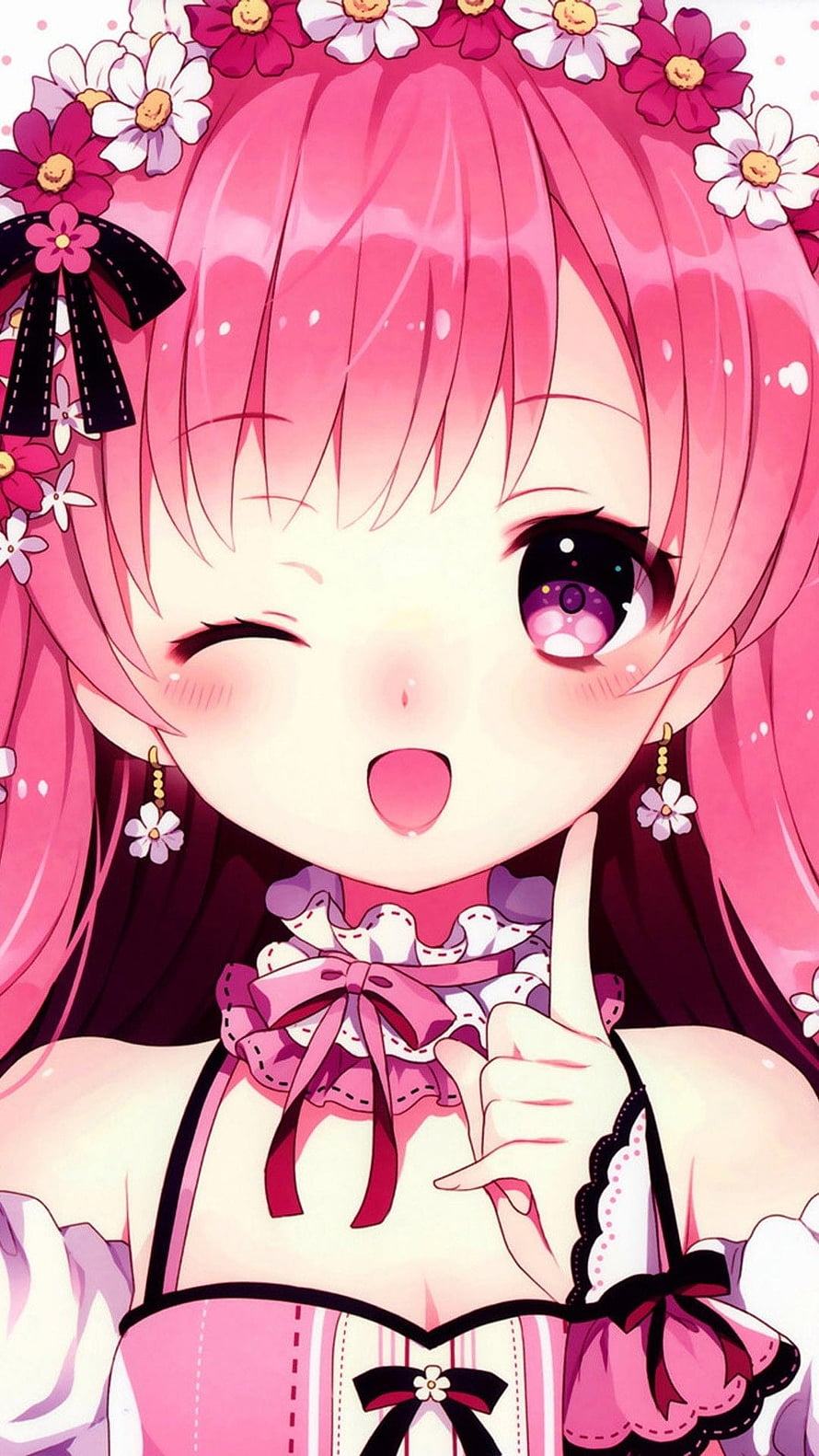 Kawaii Pink Anime Girl Winking with Flower Crown and Frilly Dress HD phone wallpaper